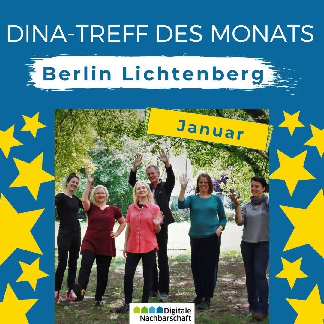 Auf dem Bild sieht man 6 Personen die in einem Garten stehen und in die Kamera winken.