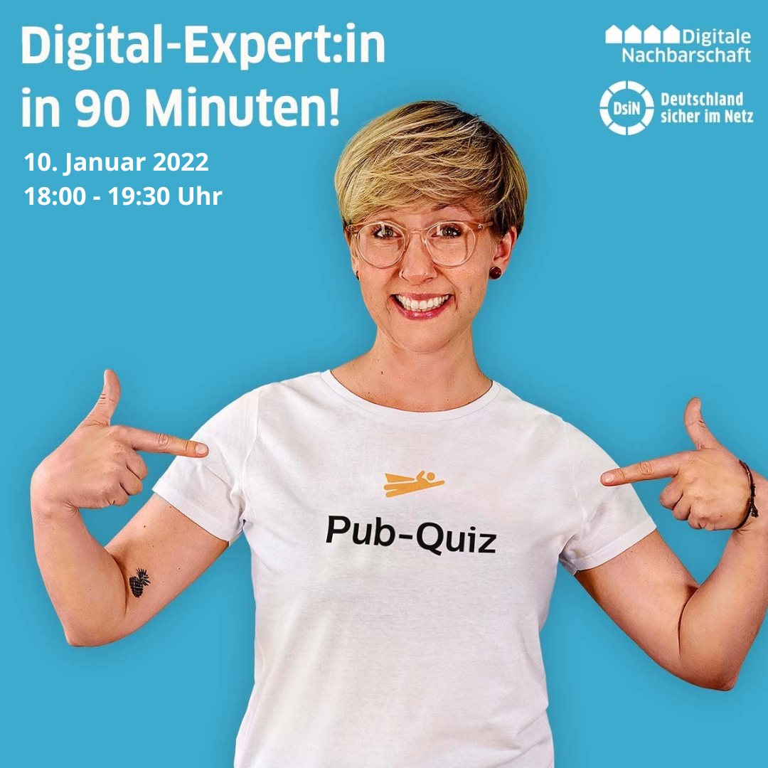 Grafik zum Pub-Quiz, Junge Frau lacht und trägt ein T-Shirt mit der Aufschrift Pub-Quiz.