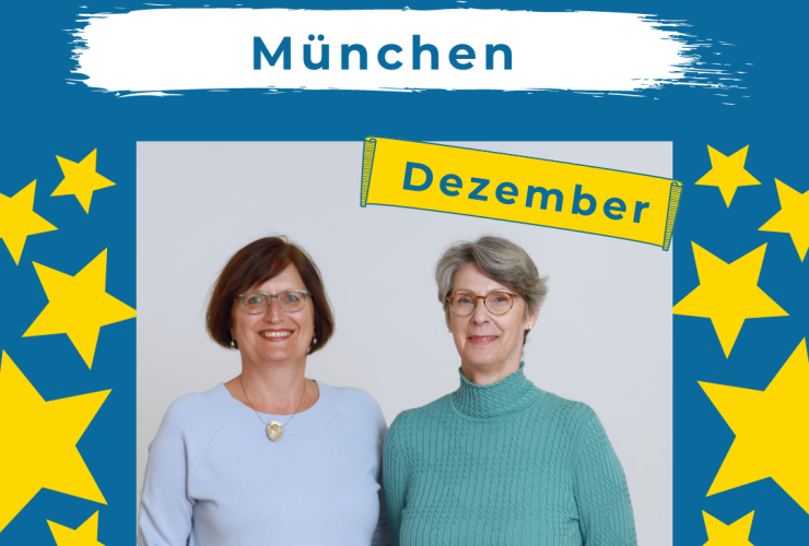 Auf dem Bild sieht man 2 Frauen. Darüber steht &quot;DiNa-Treff des Monats: München&quot;