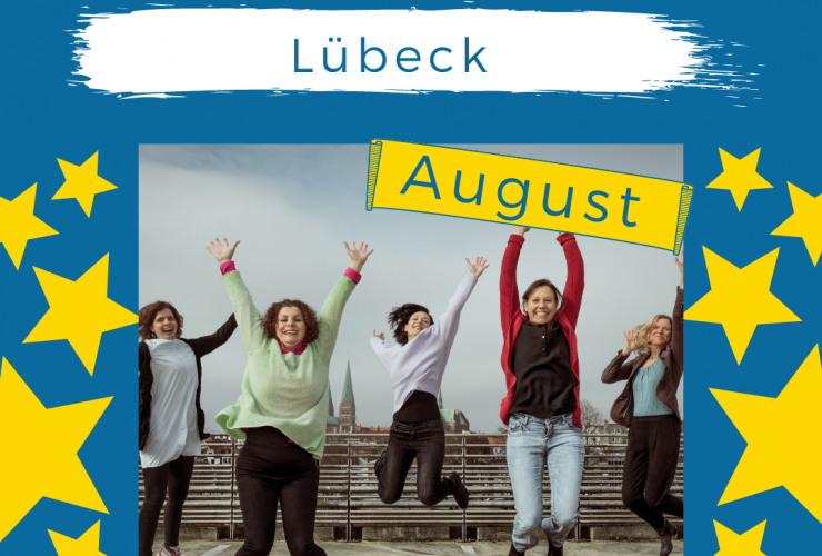 Auf dem Bild sieht man 5 nach oben springende Frauen, die die Arme nach oben reißen. Darüber die Schrift: DiNa-Treff des Monats: Lübeck